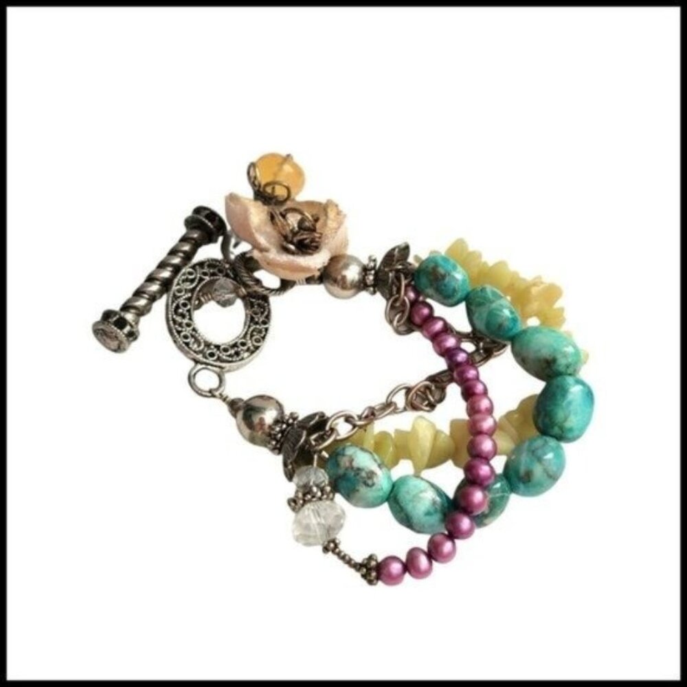 Bracelet Mix Stone Flower Silver Tone Boho‎ Beaded Triple Chunky